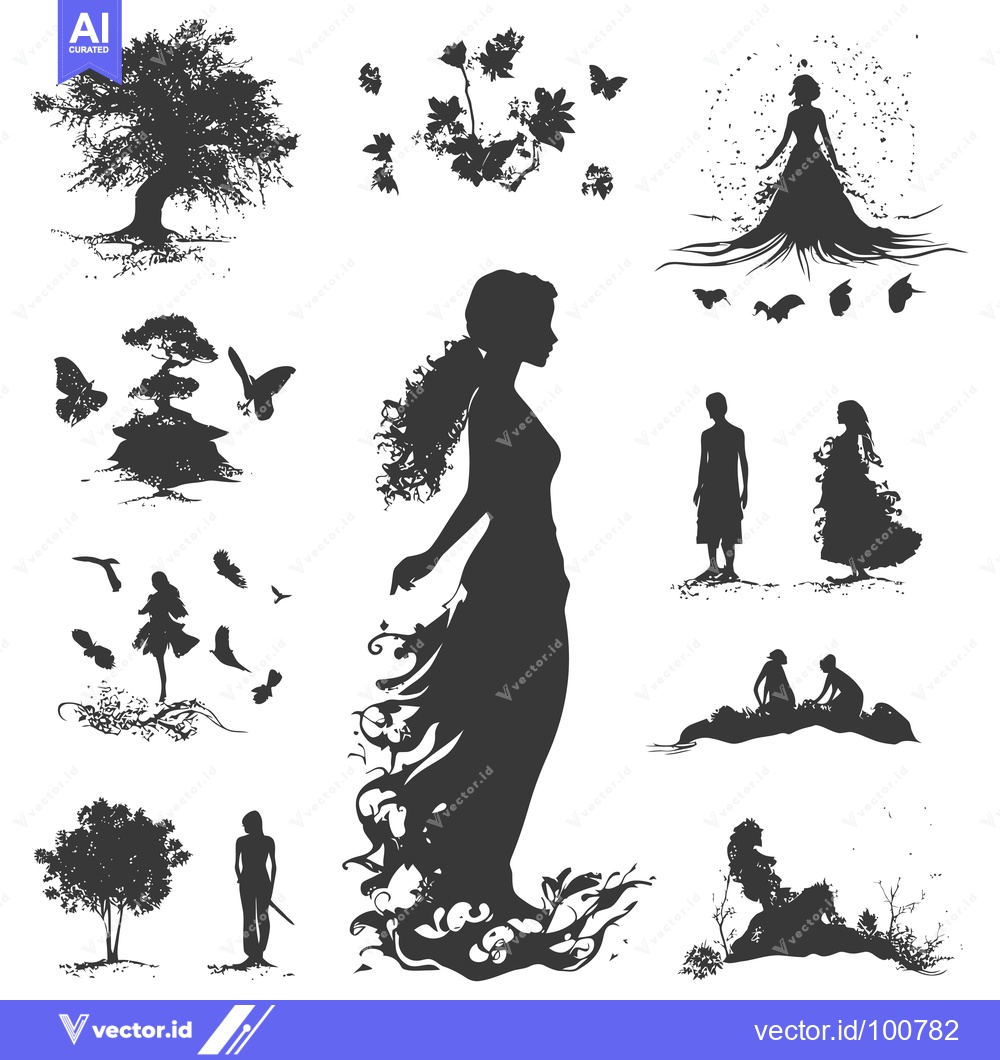 Premium Vector dari Silhouettes of People, Trees, Butterflies, and Flowers in a Whimsical