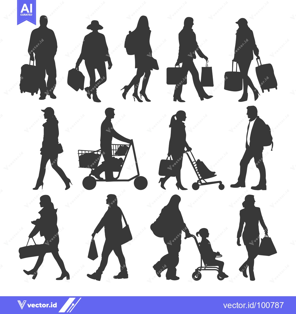 Premium Vector dari Silhouettes of People Walking and Carrying Luggage, Shopping Bags, and