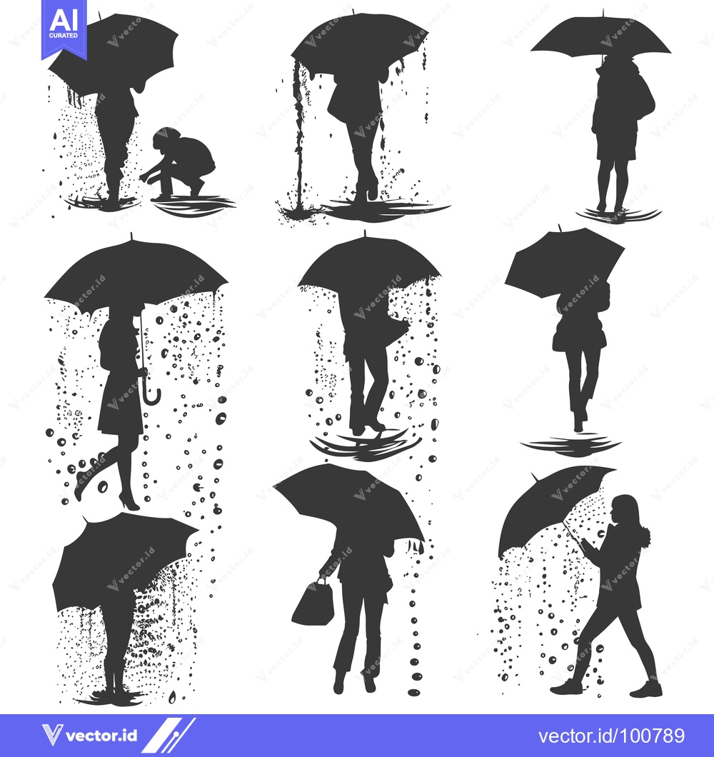 Premium Vector dari Silhouettes of People Walking in the Rain with Umbrellas