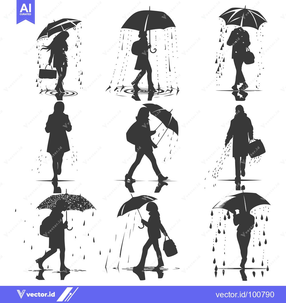 Premium Vector of Silhouettes of People Walking in the Rain with Umbrellas
