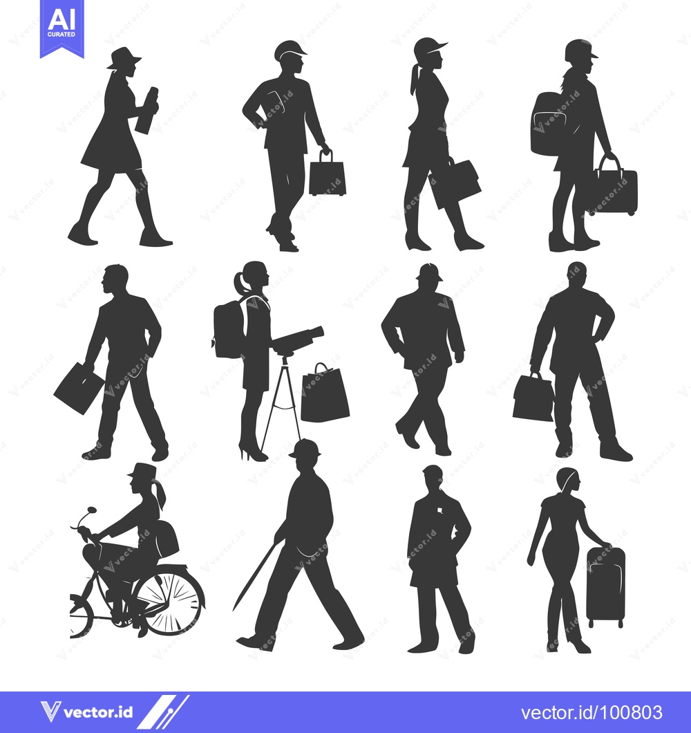 Premium Vector dari Silhouettes of People with Various Accessories and Modes of Transporta
