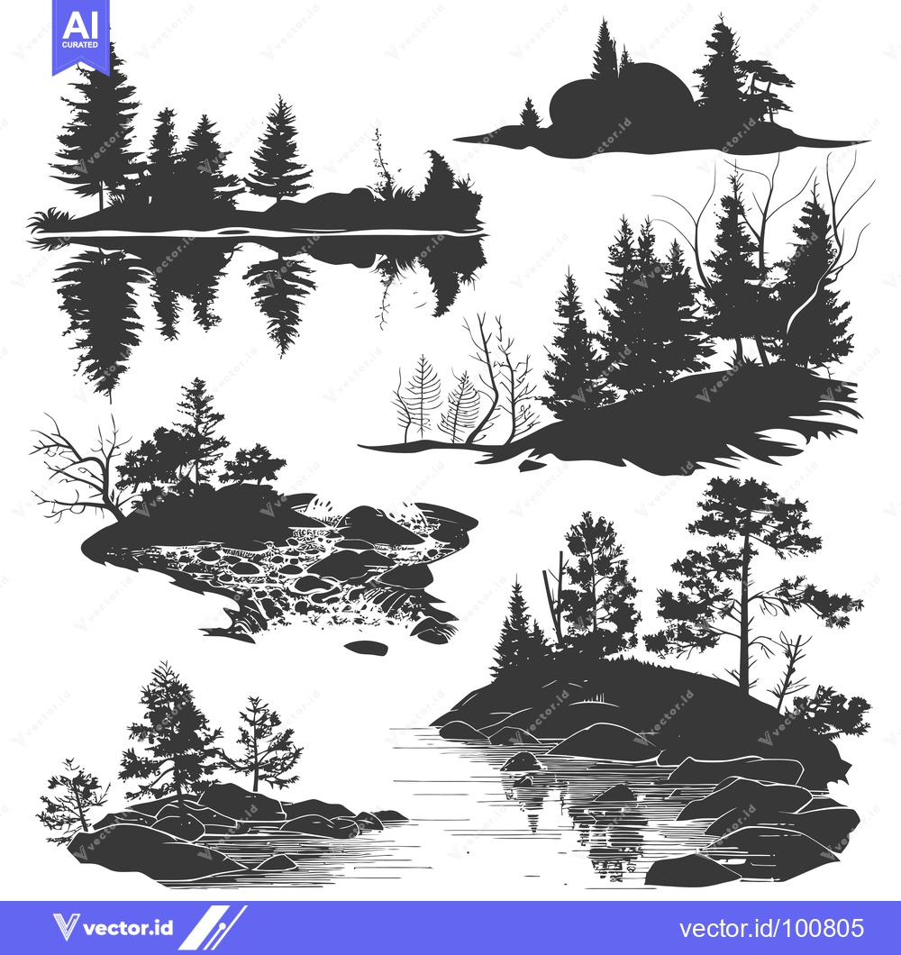 Premium Vector dari Silhouettes of Pine Trees on Rocky Shores and Islands with Reflections