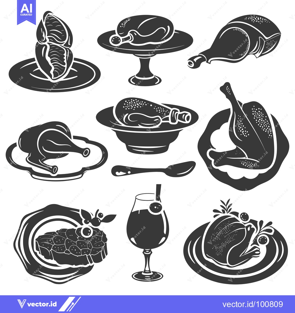 Premium Vector of Silhouettes of Roasted Chicken and Other Food Items