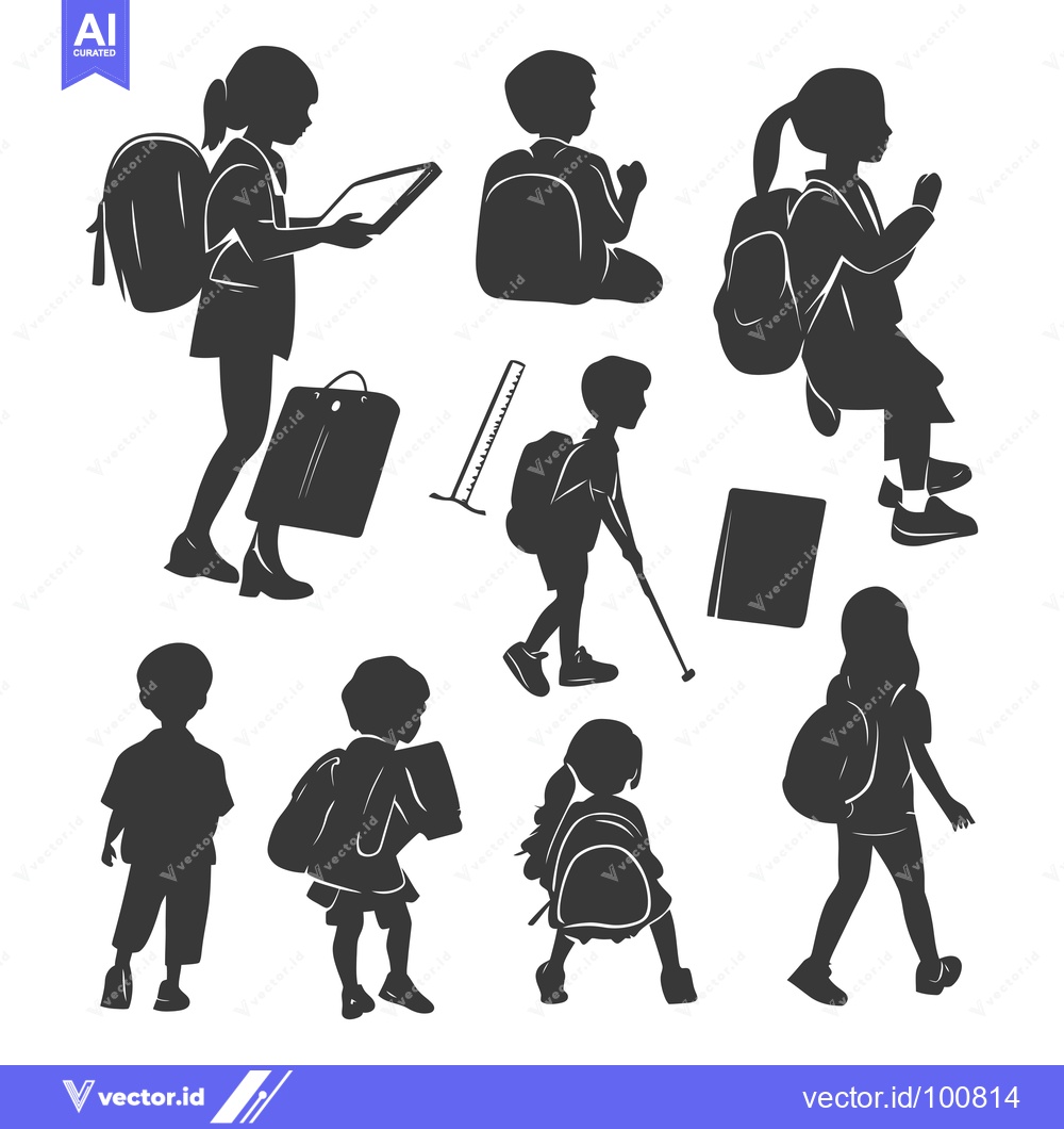 Premium Vector of Silhouettes of School Children with Backpacks and School Supplies