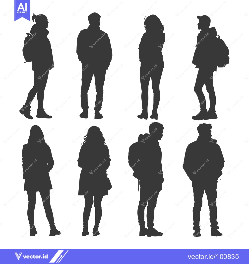 Premium Vector of Silhouettes of Six People Standing with Backpacks