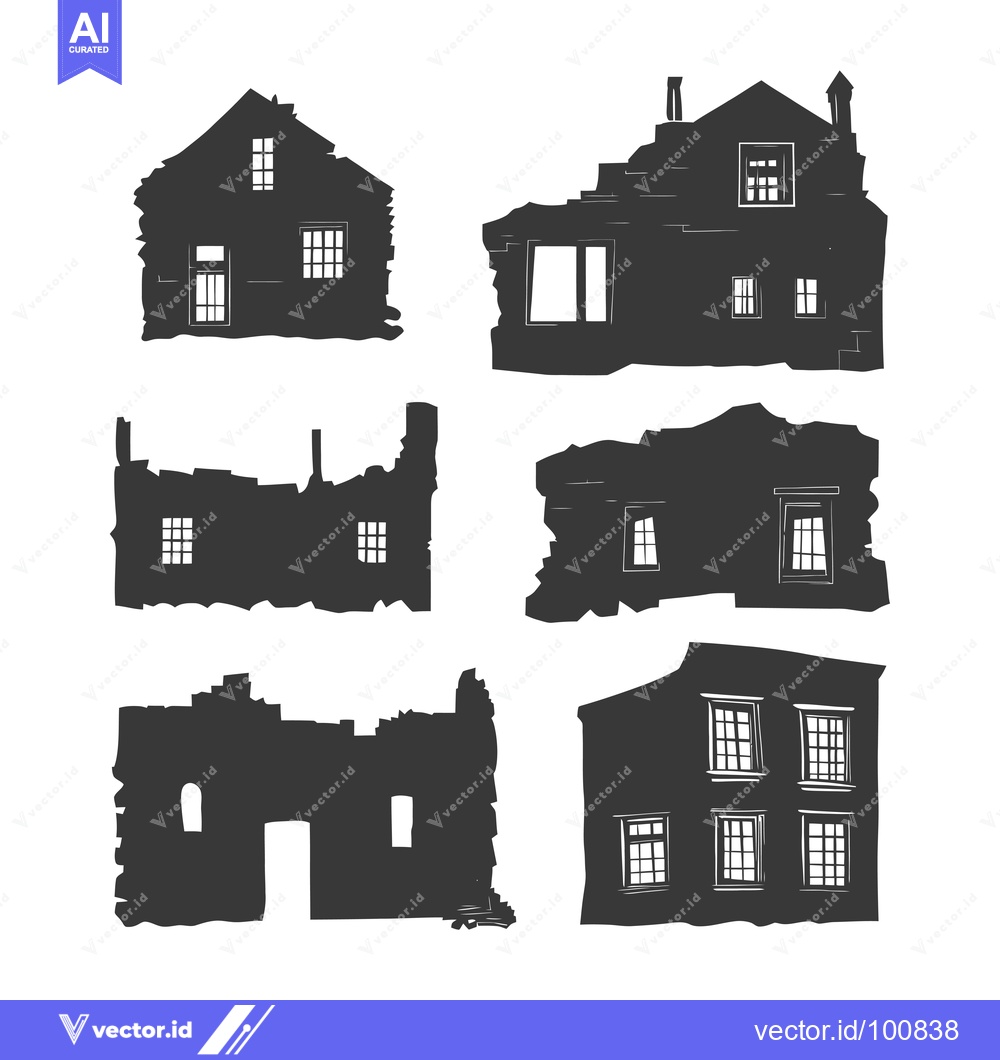 Premium Vector of Silhouettes of Six Ruined Houses with Windows