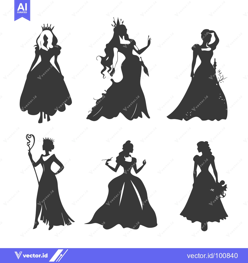 Premium Vector dari Silhouettes of Six Women in Dresses and Crowns