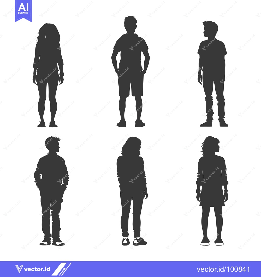 Premium Vector of Silhouettes of Six Young People Standing in Casual Clothing