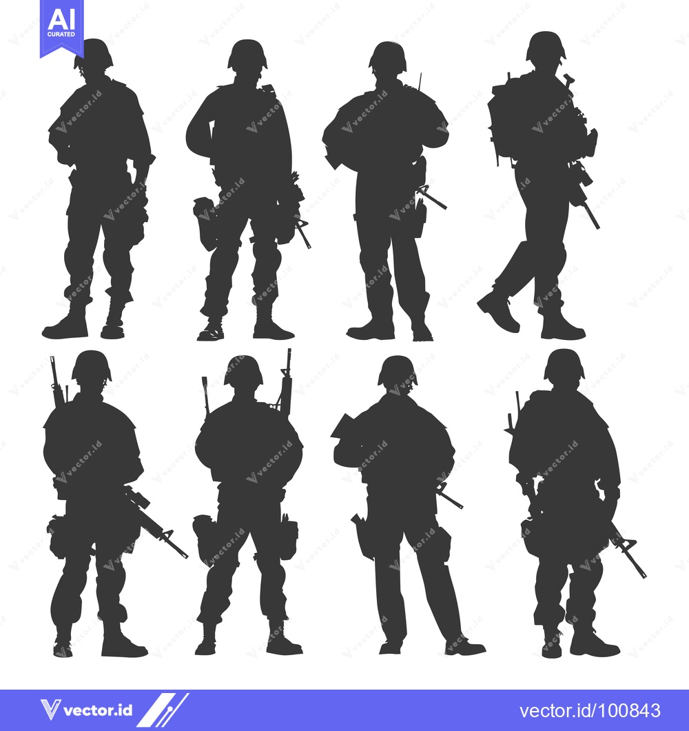 Premium Vector dari Silhouettes of Soldiers in Various Poses and Armed with Rifles