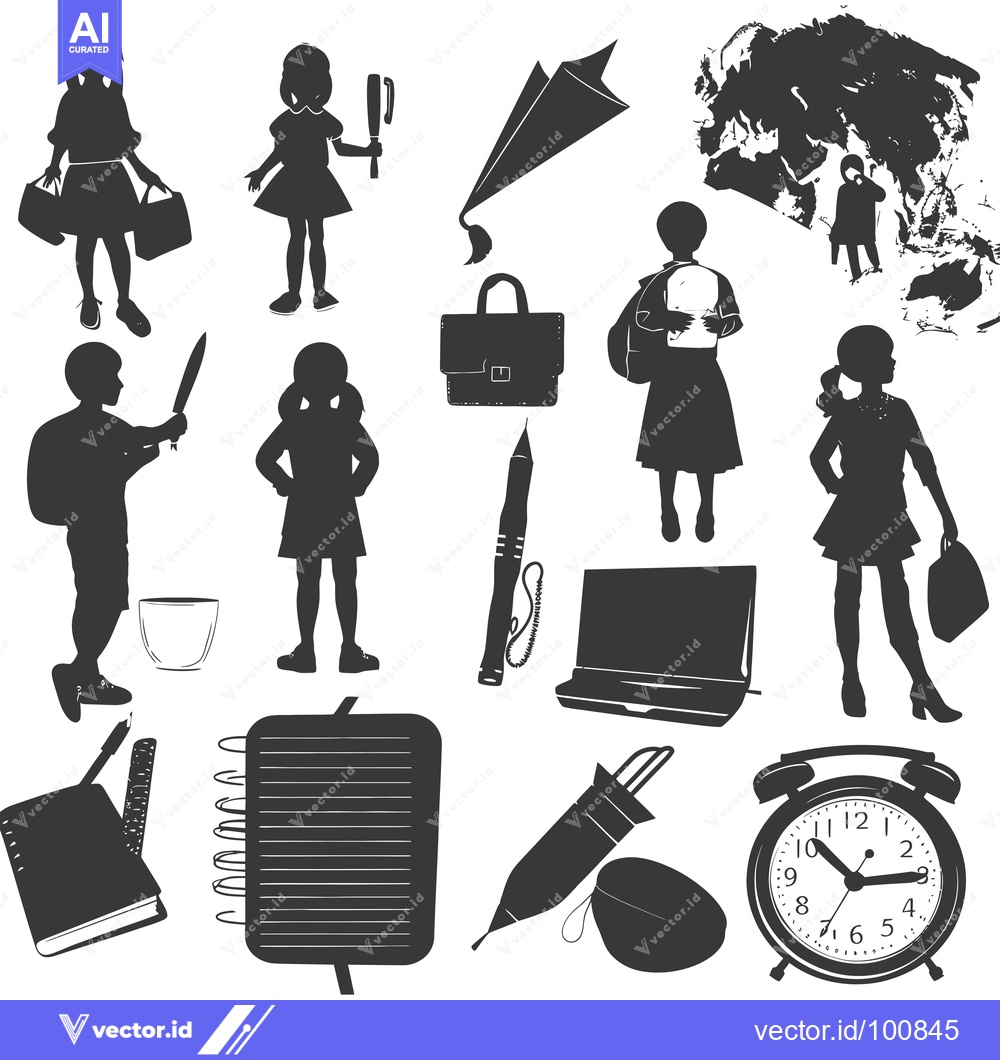 Premium Vector dari Silhouettes of Students with School Supplies and Objects