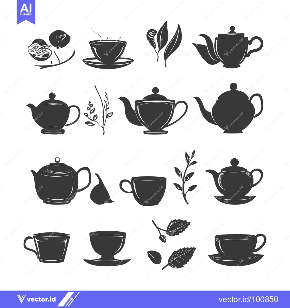 Premium Vector dari Silhouettes of teacups, teapots, and leaves