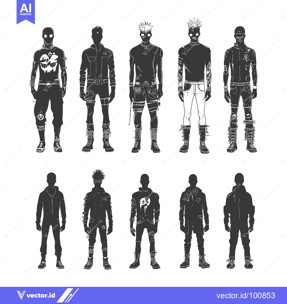 Premium Vector of Silhouettes of Ten Male Figures in Cyberpunk Style