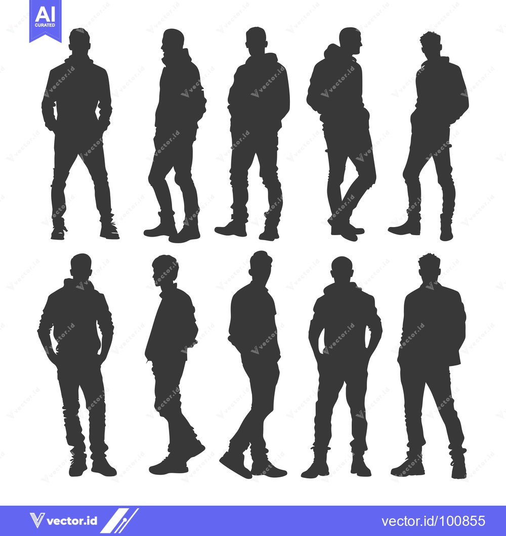 Premium Vector dari Silhouettes of Ten Men in Casual Clothing, Standing in Various Poses