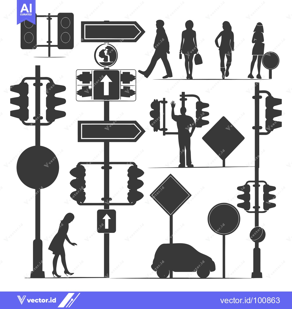 Premium Vector of Silhouettes of Traffic Lights, Signs, People, and a Car on a White Bac