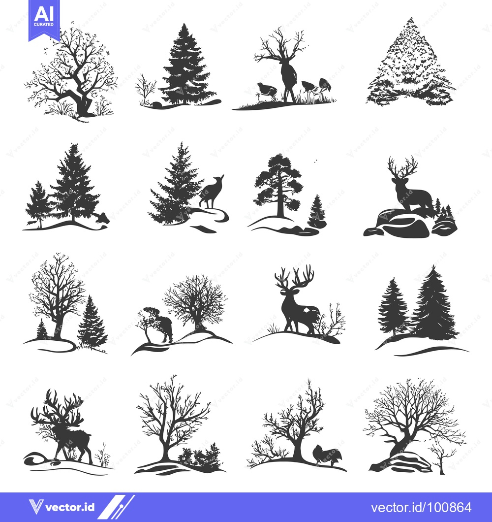 Premium Vector dari Silhouettes of trees and deer in a snowy landscape
