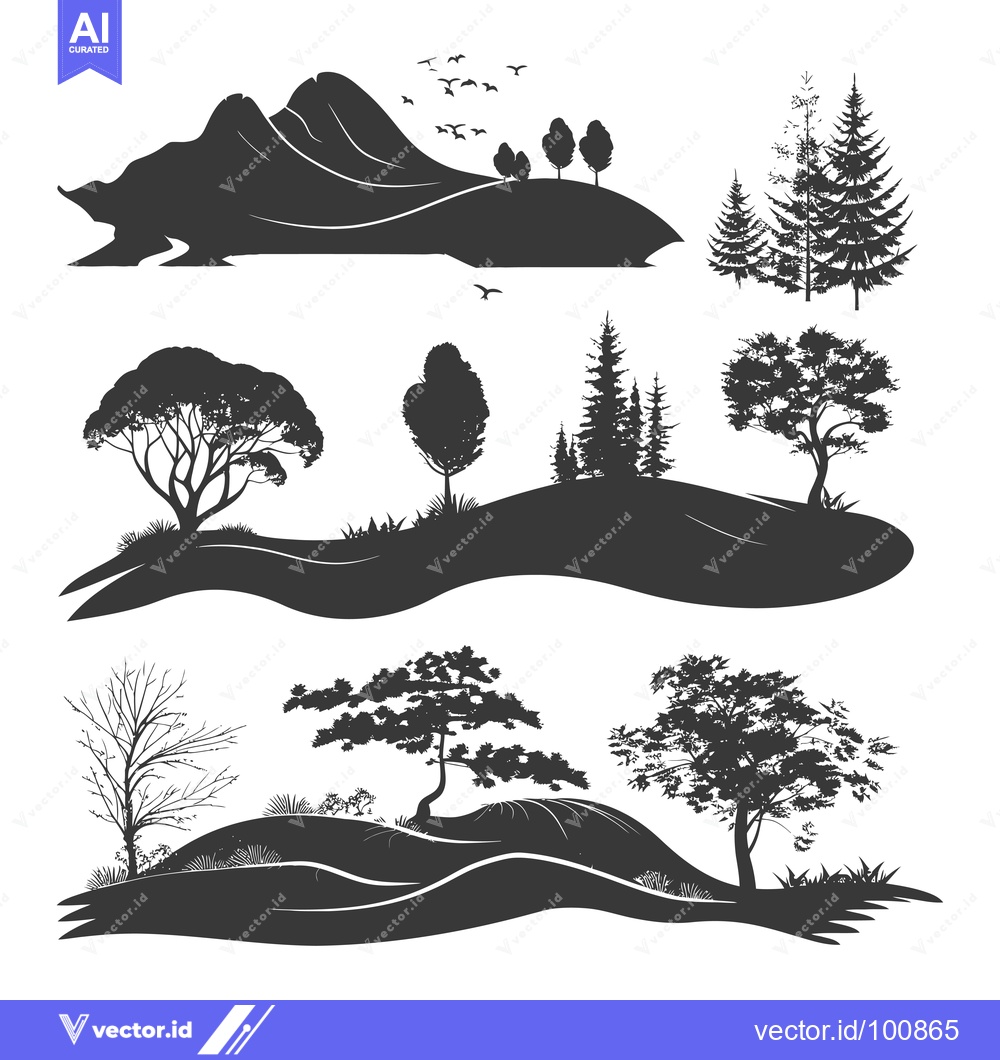 Premium Vector dari Silhouettes of Trees and Hills in a Landscape