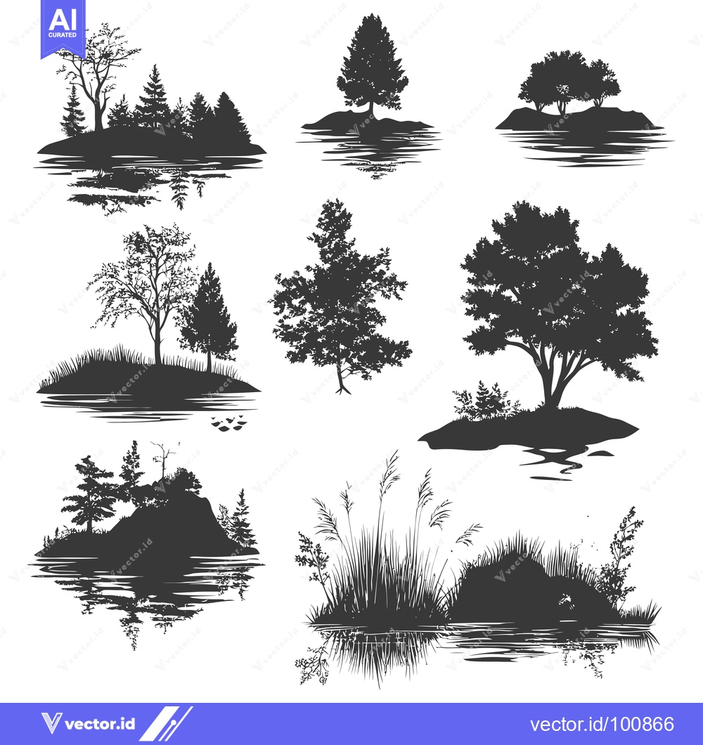 Premium Vector dari Silhouettes of Trees and Islands Reflecting in Water