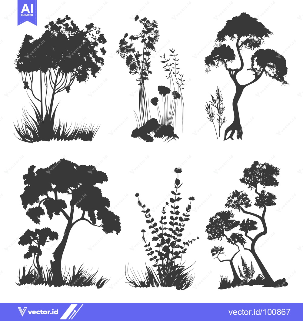 Premium Vector dari Silhouettes of Trees and Plants on a White Background