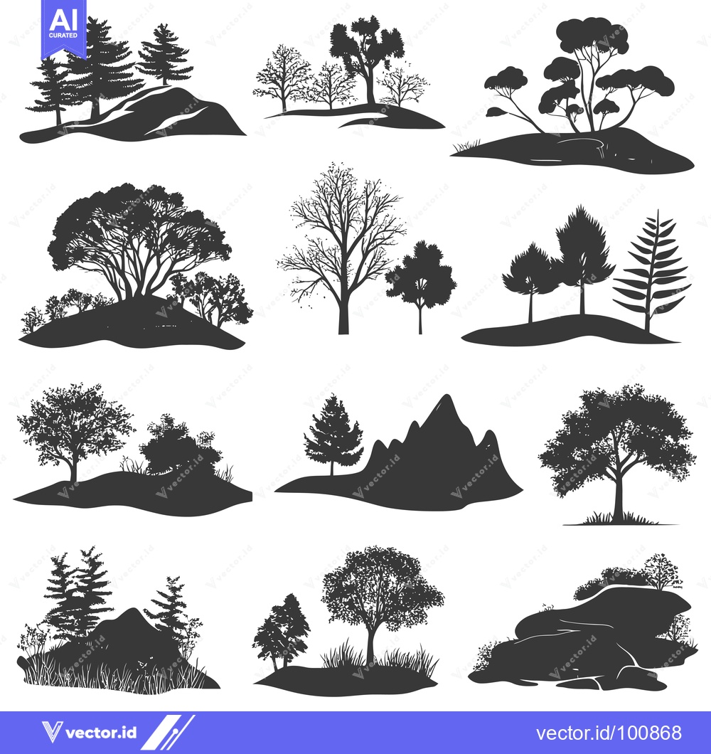 Premium Vector dari Silhouettes of Trees and Rocks