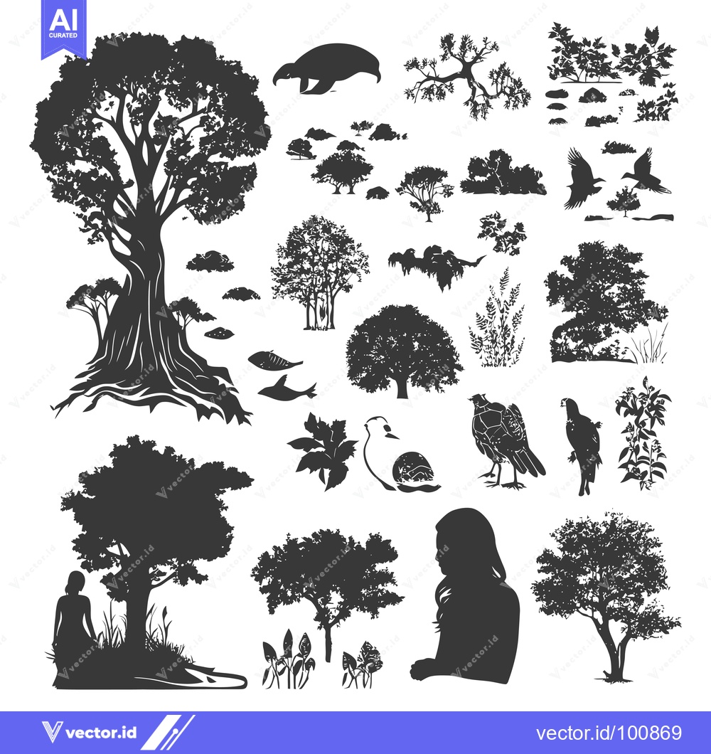 Premium Vector dari Silhouettes of Trees, Birds, and a Woman in a Forest Setting