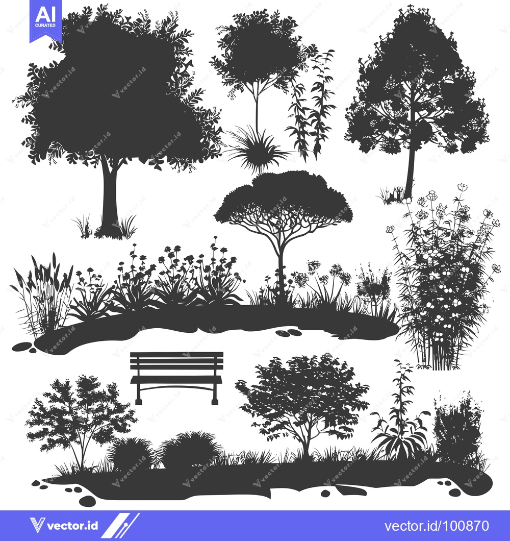 Premium Vector dari Silhouettes of Trees, Bushes, Grass, and a Bench in a Garden Setting