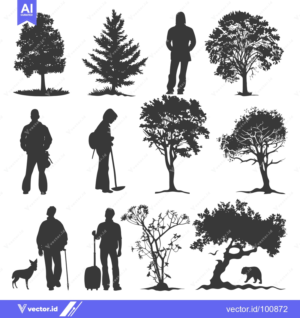 Premium Vector dari Silhouettes of Trees, People, and Animals