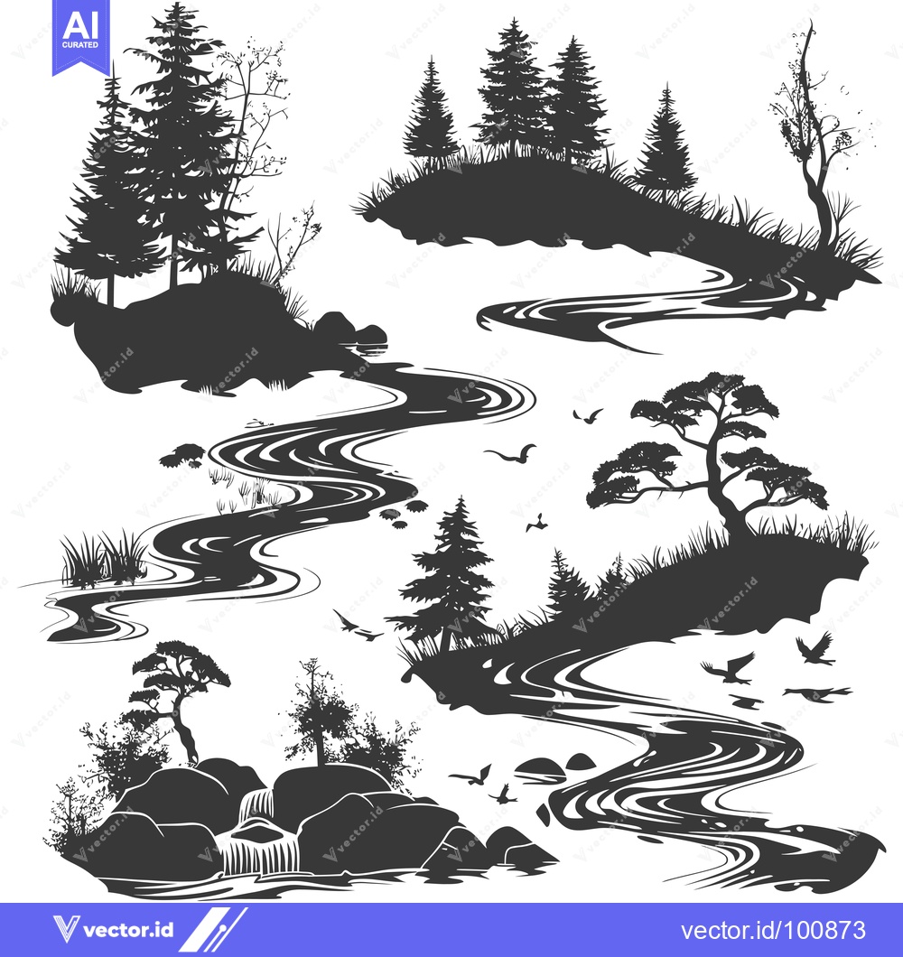 Premium Vector of Silhouettes of Trees, River, and Birds in a Forest Landscape