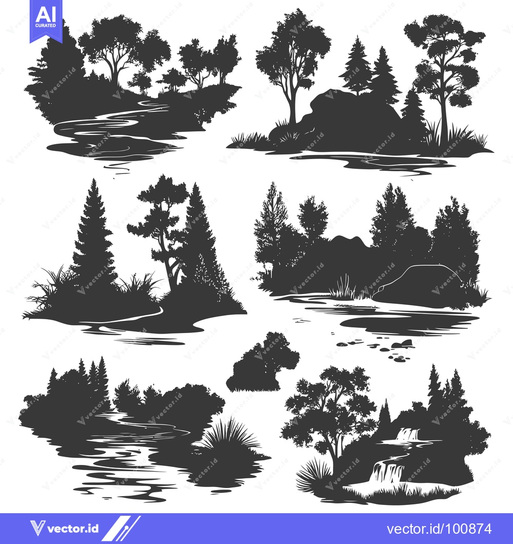 Premium Vector of Silhouettes of Trees, Rivers, and Waterfalls in a Forest Landscape