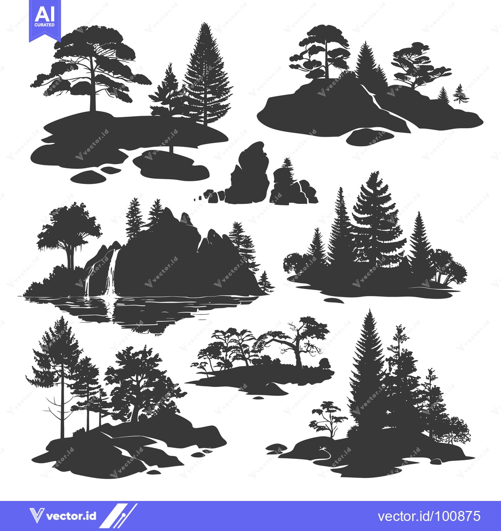 Premium Vector of Silhouettes of Trees, Rocks, and a Waterfall on Islands
