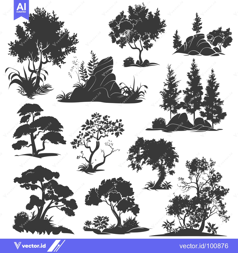 Premium Vector of Silhouettes of Trees, Rocks, and Bushes in a Forest Setting