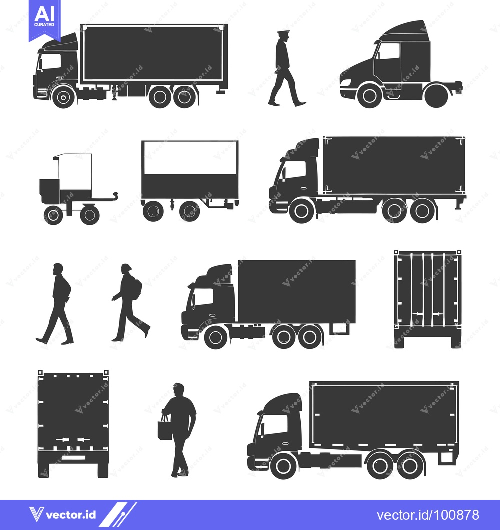 Premium Vector dari Silhouettes of Trucks, Containers, and People
