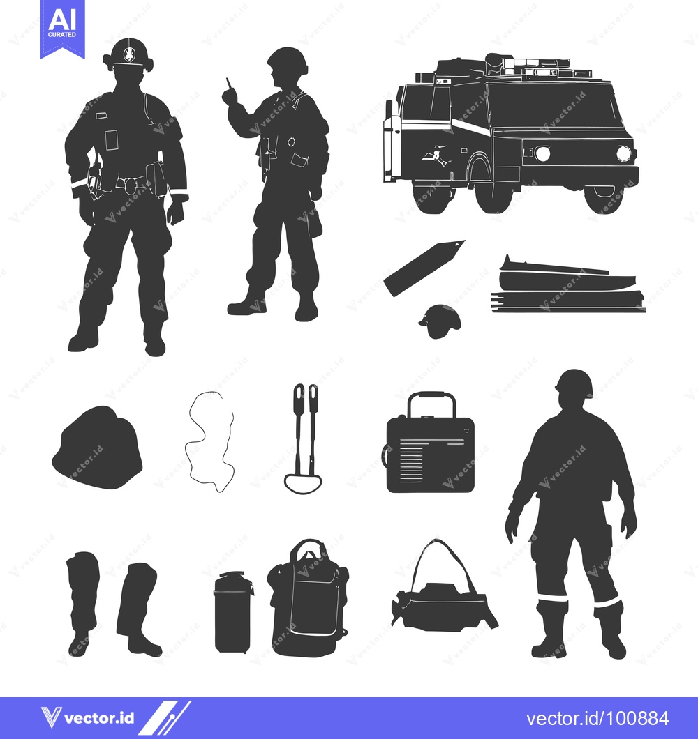 Premium Vector dari Silhouettes of Two Firefighters, Equipment, and a Fire Engine