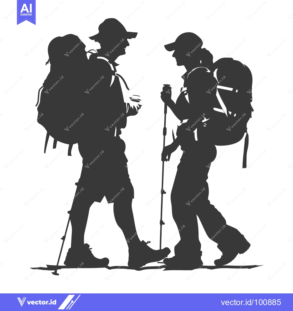 Premium Vector dari Silhouettes of Two Hikers with Backpacks and Trekking Poles