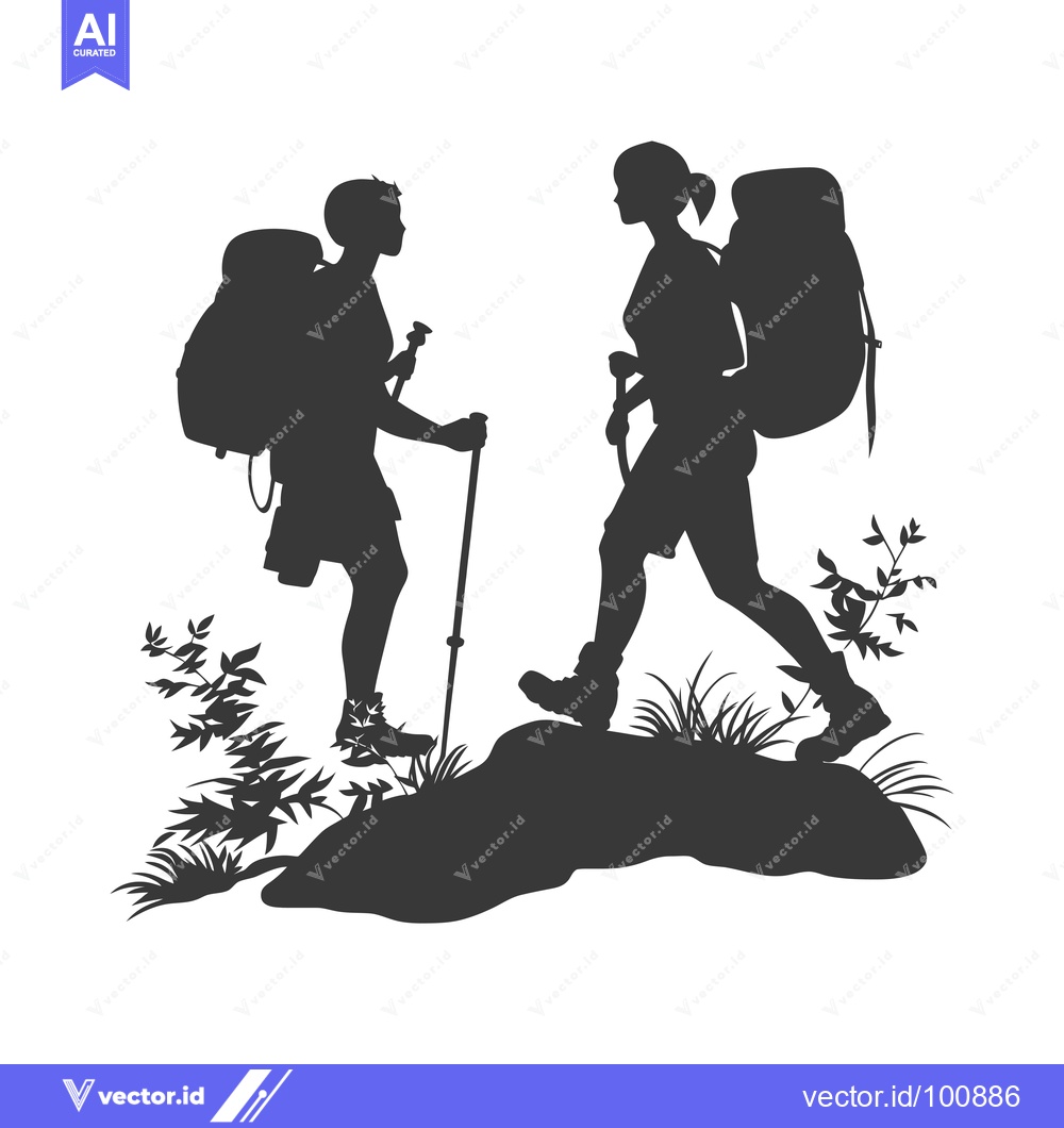 Premium Vector dari Silhouettes of Two Hikers with Backpacks and Trekking Poles