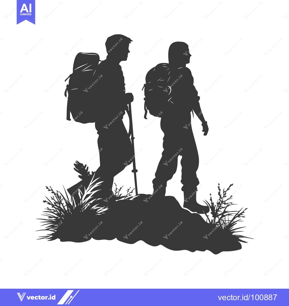 Premium Vector dari Silhouettes of Two Hikers with Backpacks on a Hillside