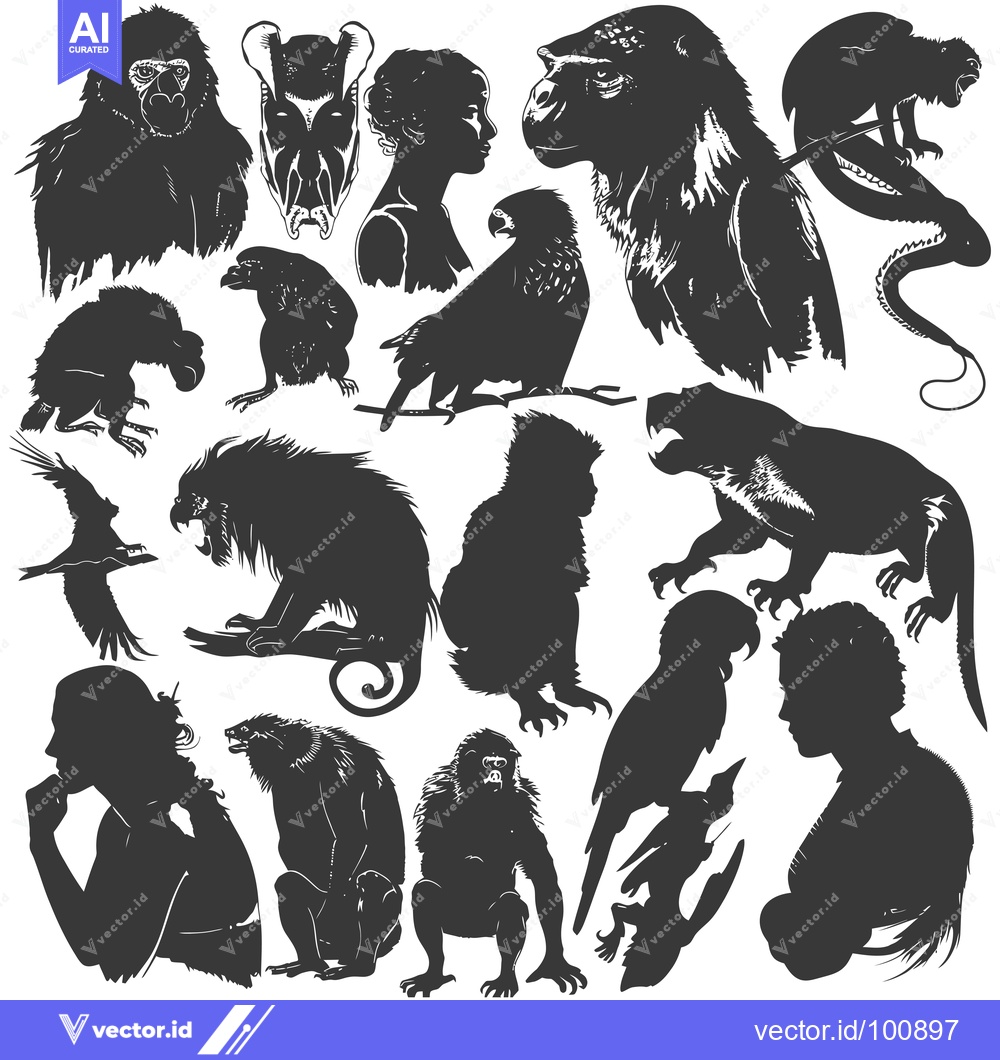 Premium Vector of Silhouettes of Various Animals and Humans in Black and White