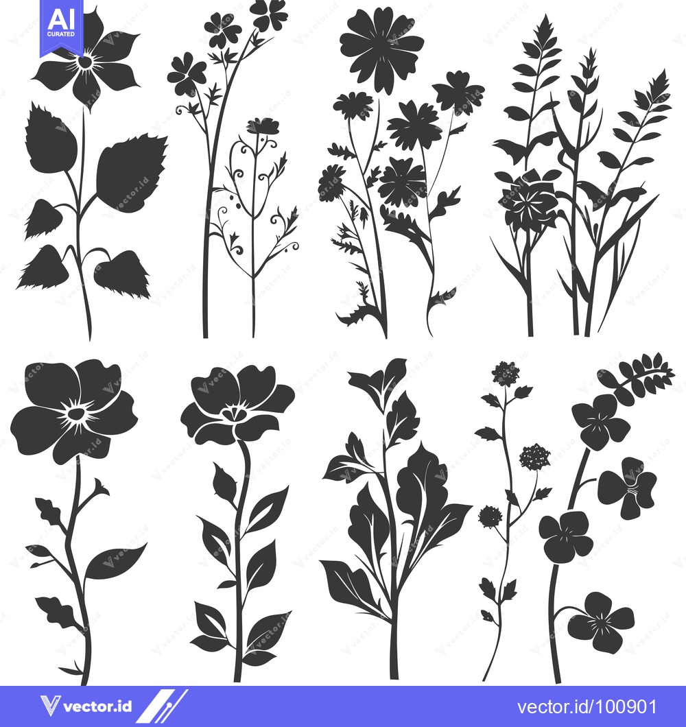Premium Vector dari Silhouettes of Various Black and White Flowers and Plants