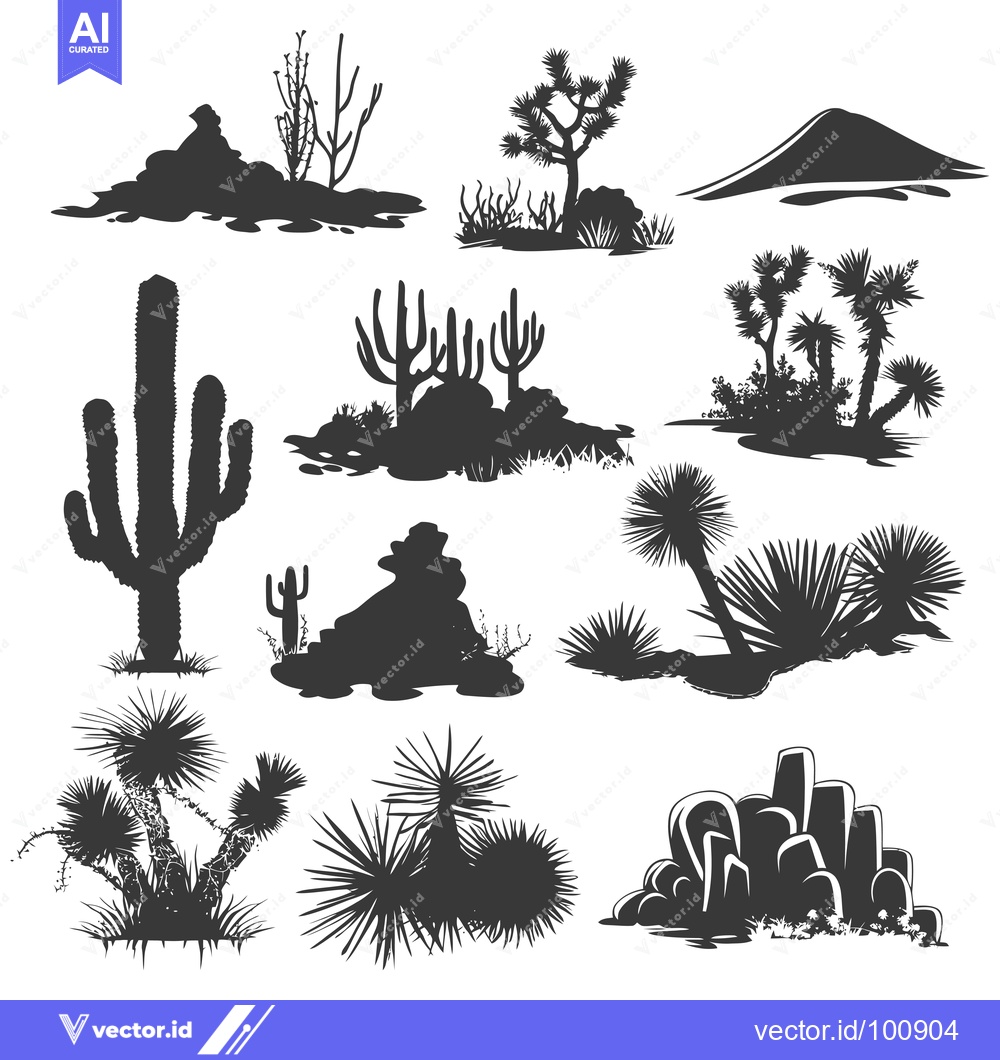 Premium Vector of Silhouettes of Various Desert Plants and Landscape Features