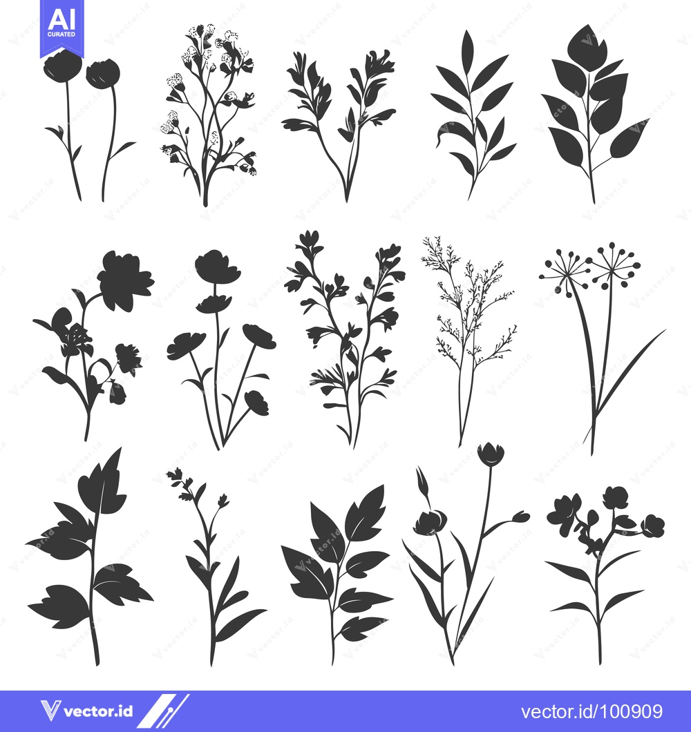 Premium Vector dari Silhouettes of Various Flowers and Plants with White Background