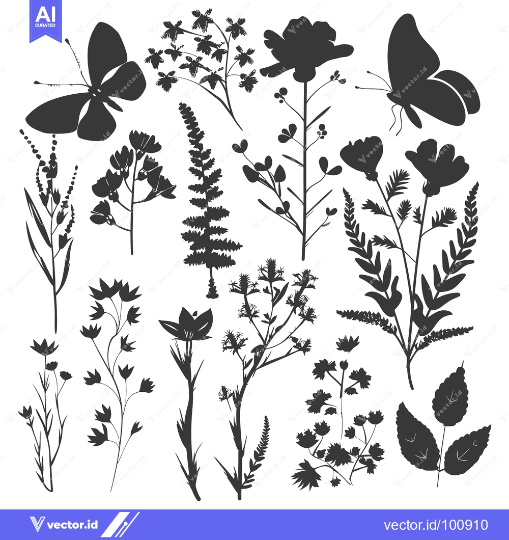 Premium Vector dari Silhouettes of Various Flowers, Leaves, and Butterflies