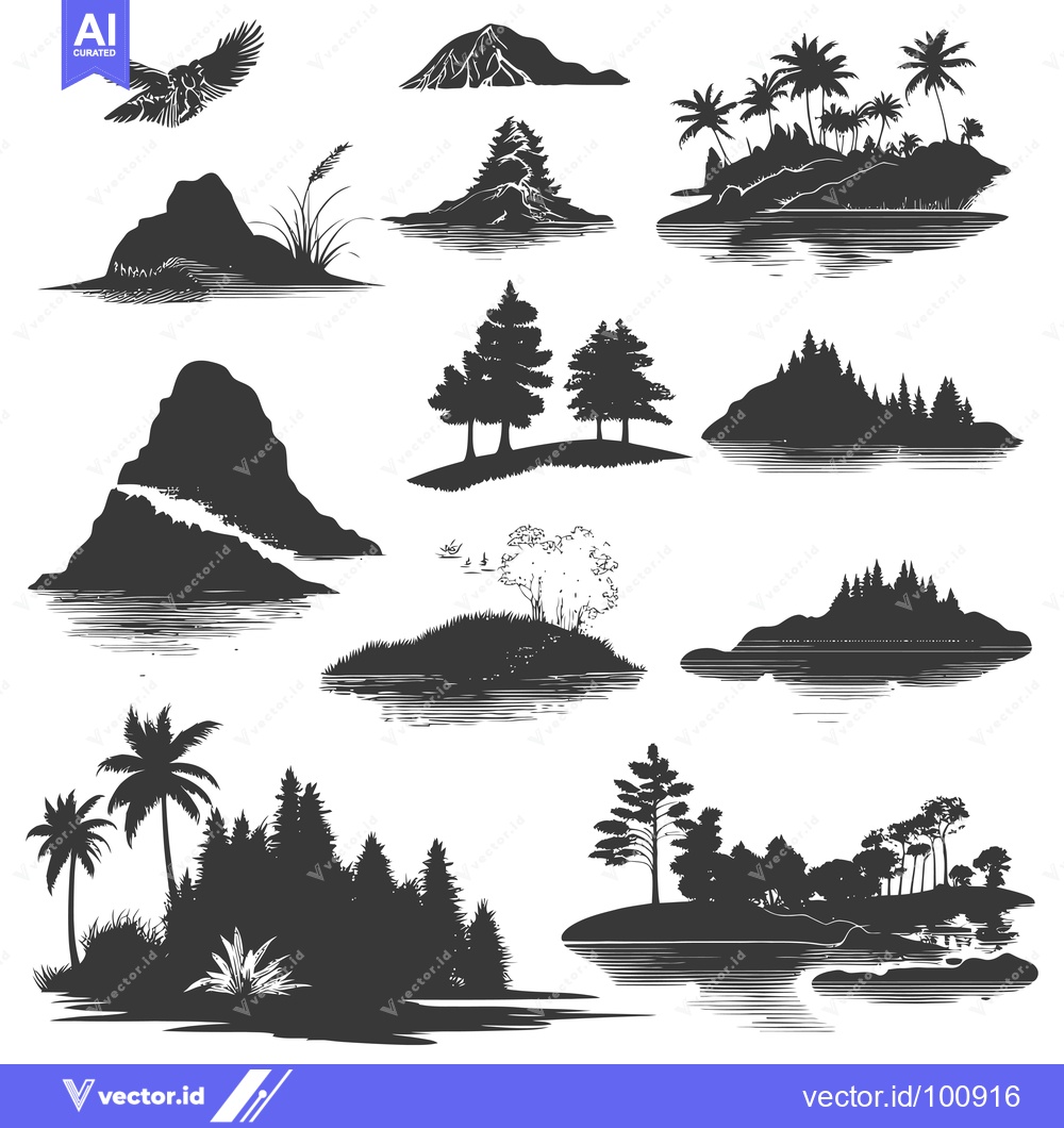Premium Vector dari Silhouettes of Various Islands with Trees, Mountains, and a Bird in Fl