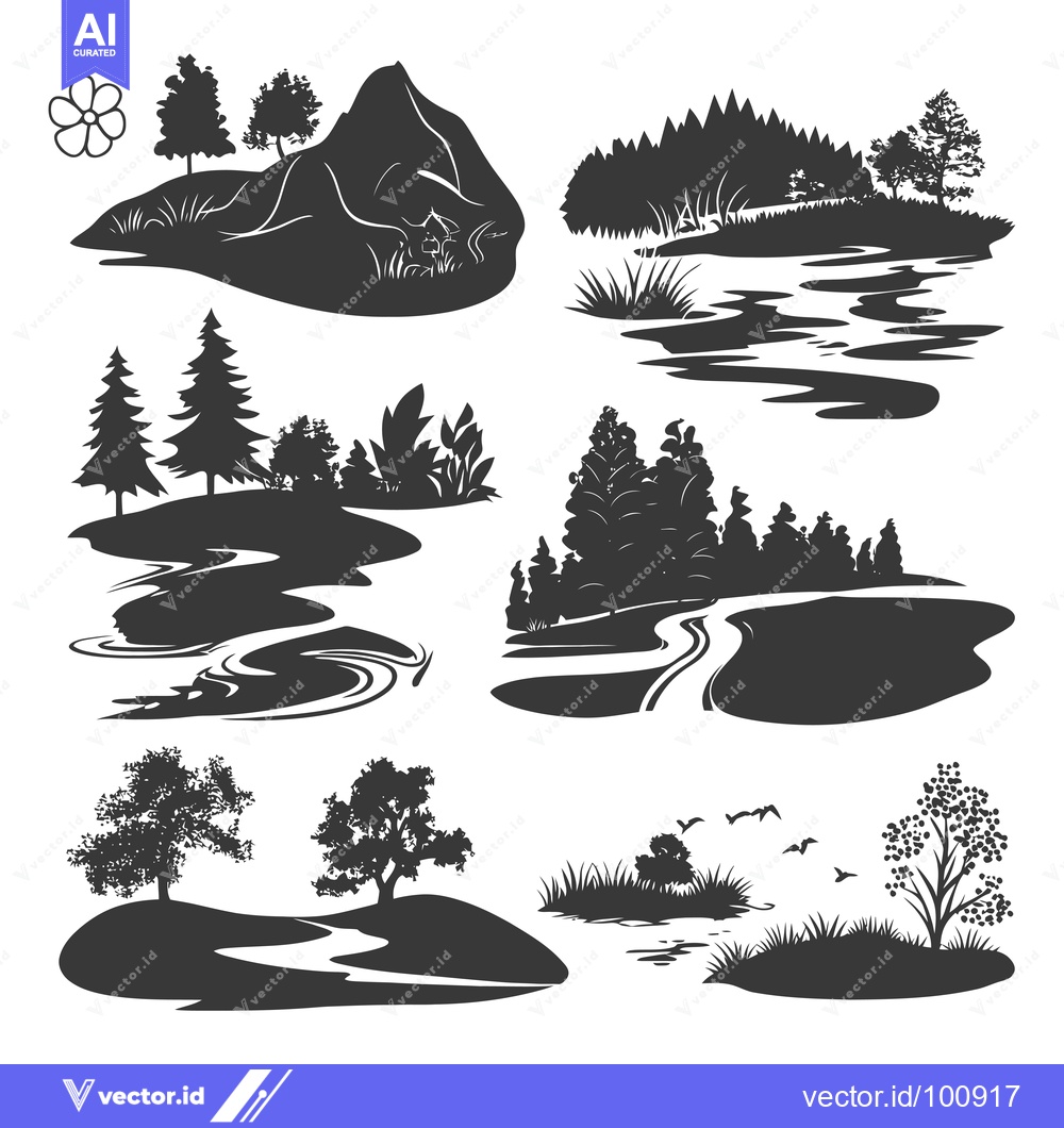 Premium Vector of Silhouettes of Various Landscapes with Trees, Hills, and Water