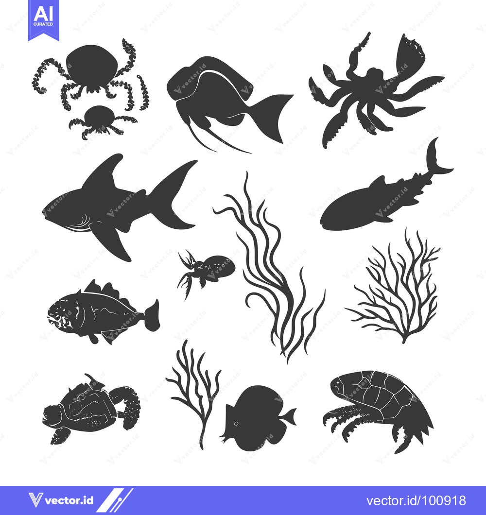 Premium Vector of Silhouettes of Various Marine Creatures and Seaweed