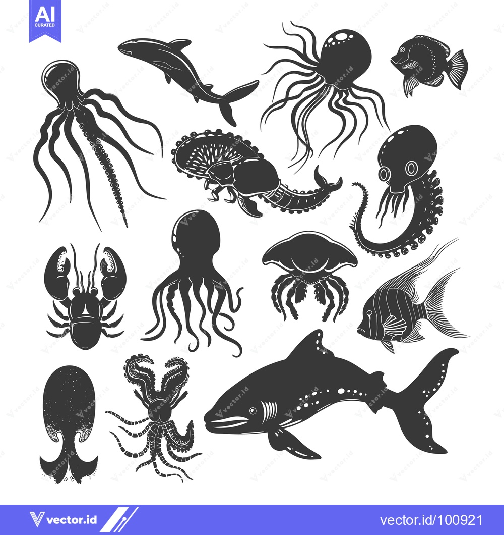 Premium Vector dari Silhouettes of various ocean creatures in black and white