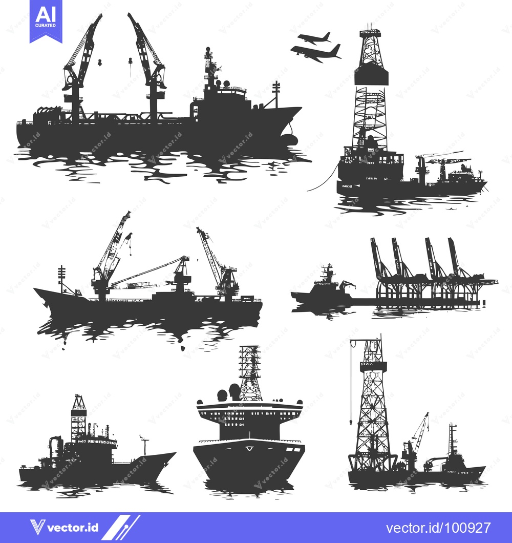 Premium Vector of Silhouettes of Various Ships and Offshore Oil Rigs at Sea