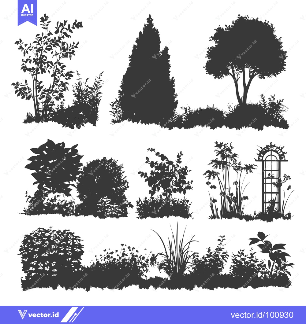 Premium Vector dari Silhouettes of Various Trees and Bushes in a Garden Setting