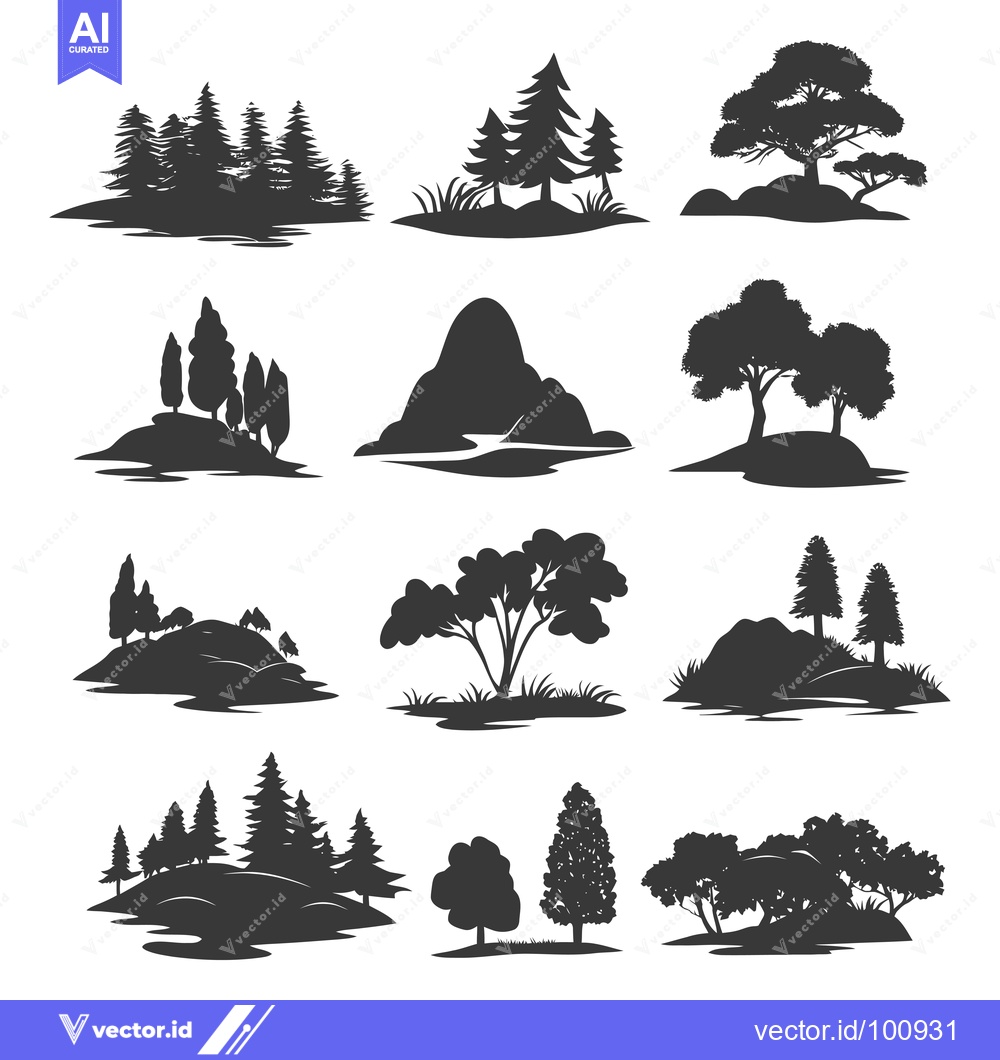 Premium Vector dari Silhouettes of Various Trees and Hills on a White Background