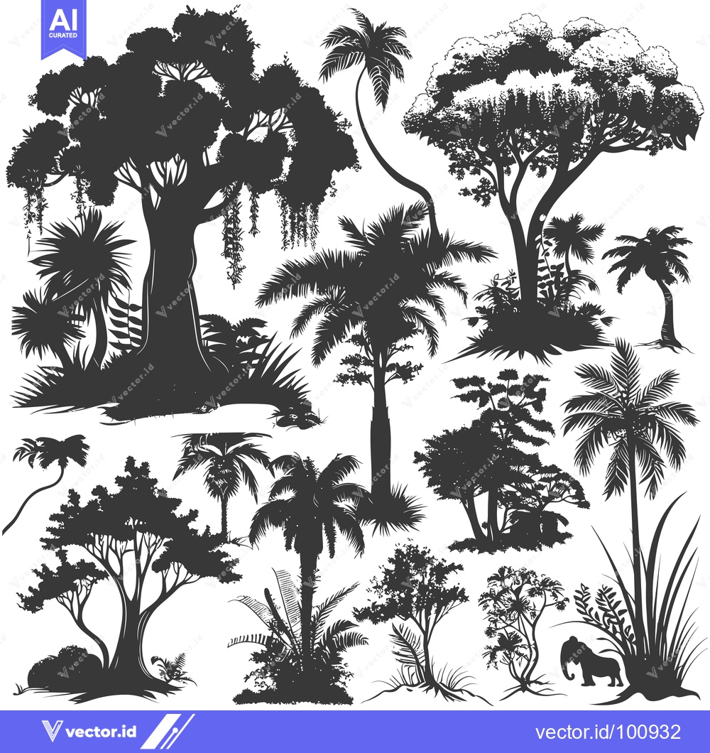 Premium Vector dari Silhouettes of Various Trees and Plants in a Tropical Setting