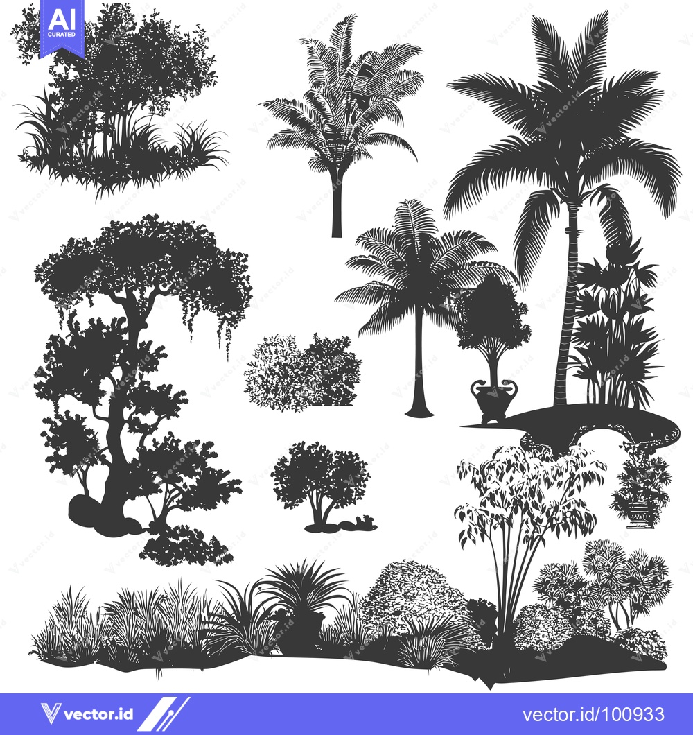 Premium Vector dari Silhouettes of Various Tropical Trees and Plants