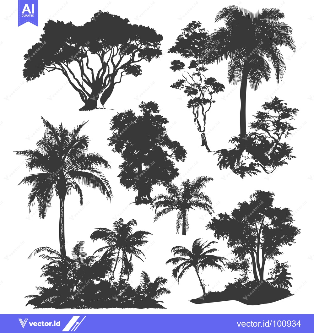 Premium Vector dari Silhouettes of Various Tropical Trees on White Background